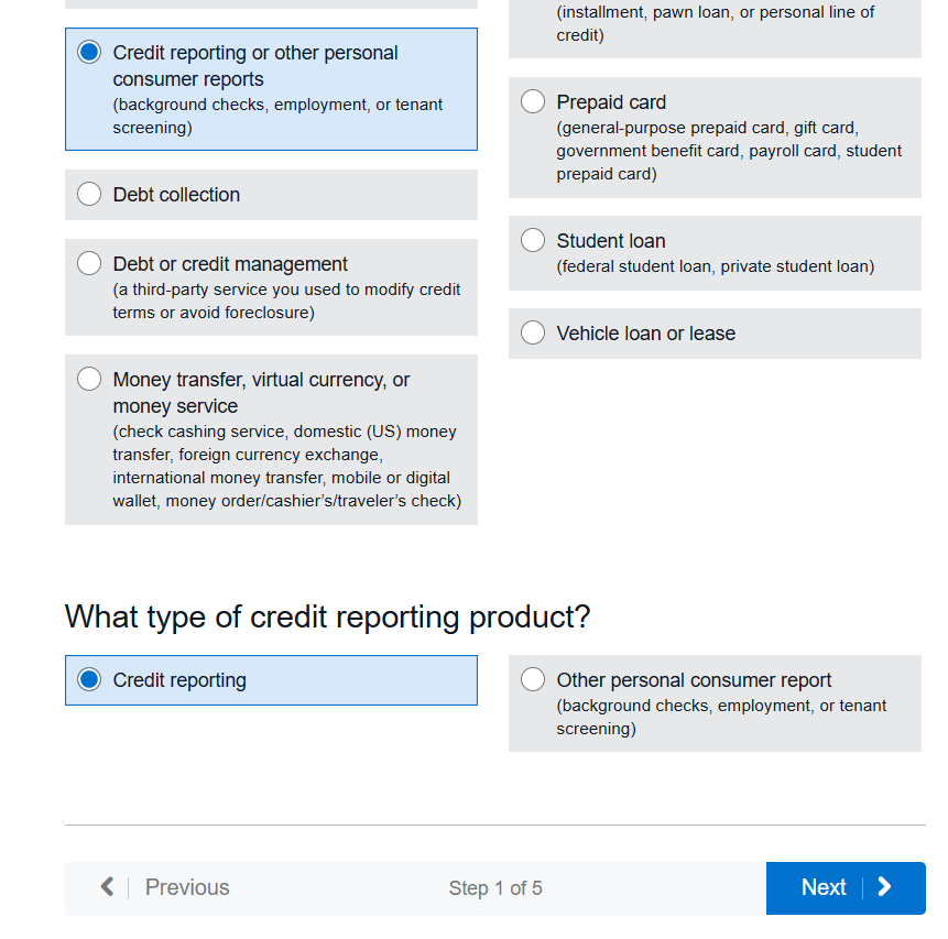 CFPB Step 1 - credit reporting product