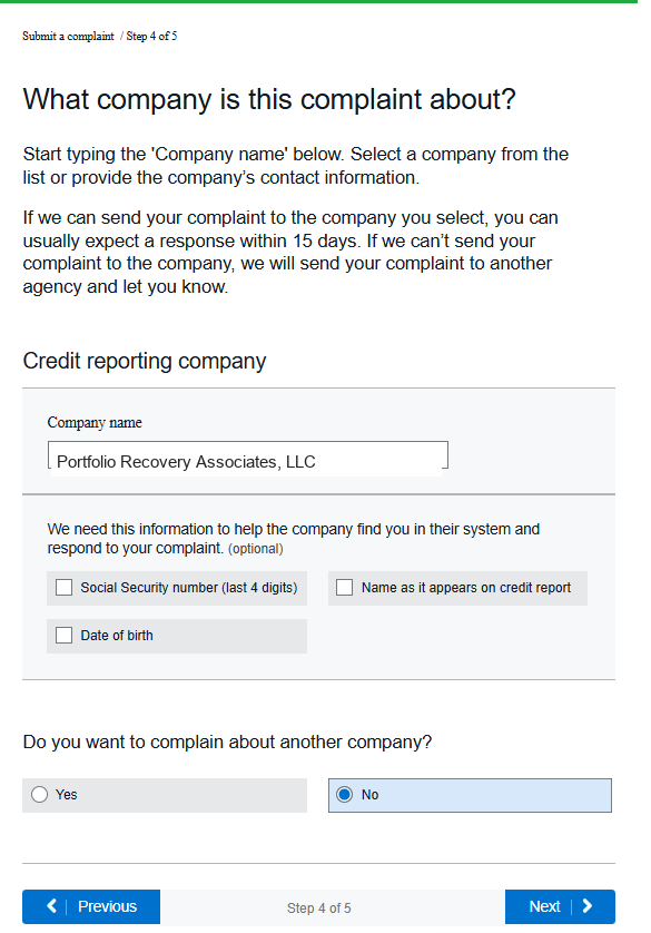 CFPB company name field - name the collection company