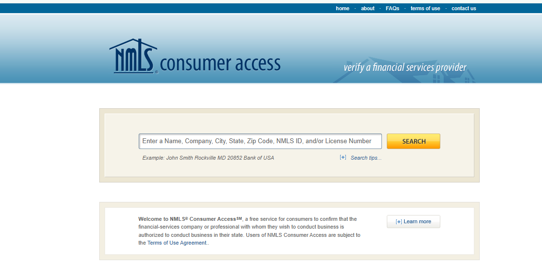 NMLSConsumerAccess.org homepage
