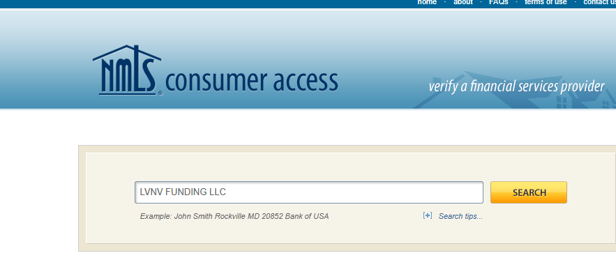 NMLS search with collection company name typed in
